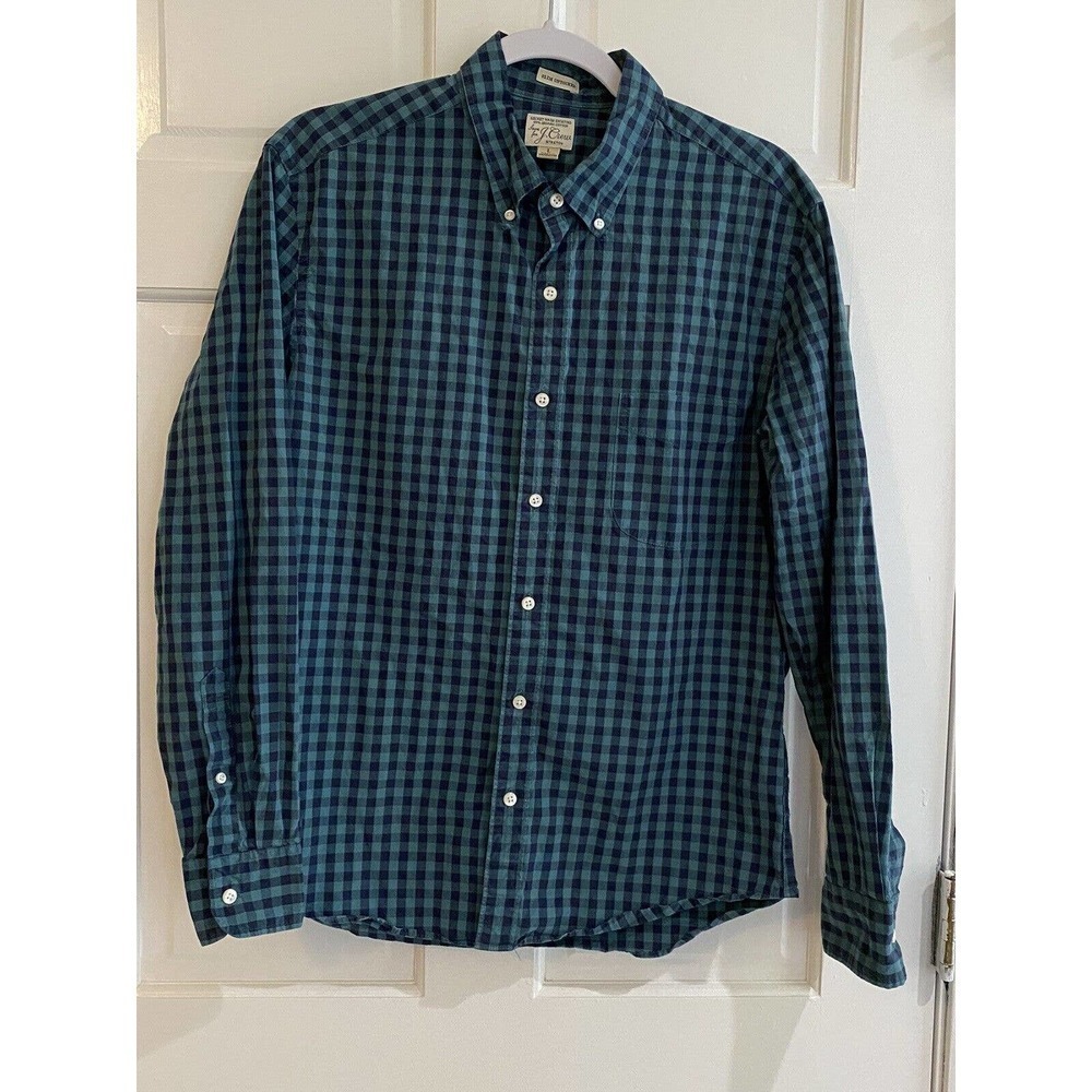 J. Crew Slim Long Sleeve Secret Wash Shirt in Green, Blue Plaid Size: L EUC